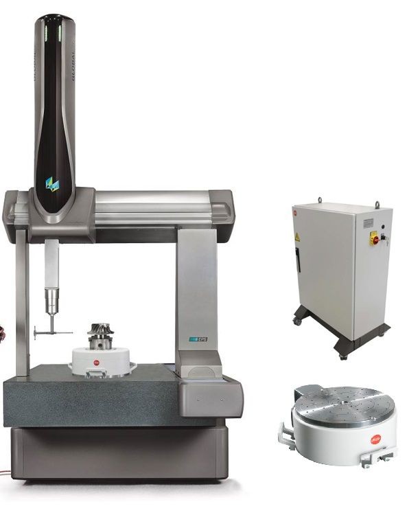 Industrial coordinate measuring machine with a control unit and rotary table displayed separately.